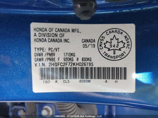 2019 Honda Civic Ex 4dr მანქანა იყიდება აუქციონზე, vin: 2HGFC2F72KH026195, აუქციონის ნომერი: 12653493