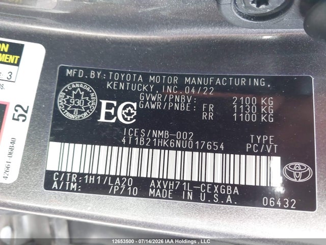 4T1B21HK6NU017654 Toyota Camry Hybrid Xle