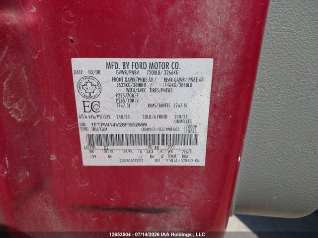 2008 Ford F-150 Xlt მანქანა იყიდება აუქციონზე, vin: 1FTPW14V28FB52699, აუქციონის ნომერი: 12653504