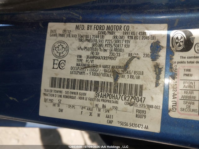 12653509 :رقم المزاد ، 3FAHP0HA7CR279047 vin ، 2012 Ford Fusion Se مزاد بيع