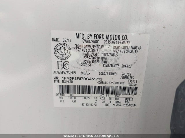 Продажа на аукционе авто 2013 Ford Explorer Limited, vin: 1FM5K8F87DGA51712, номер лота: 12653511