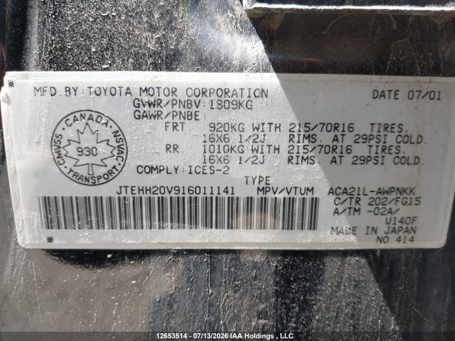 12653514 :رقم المزاد ، JTEHH20V916011141 vin ، 2001 Toyota Rav4 مزاد بيع