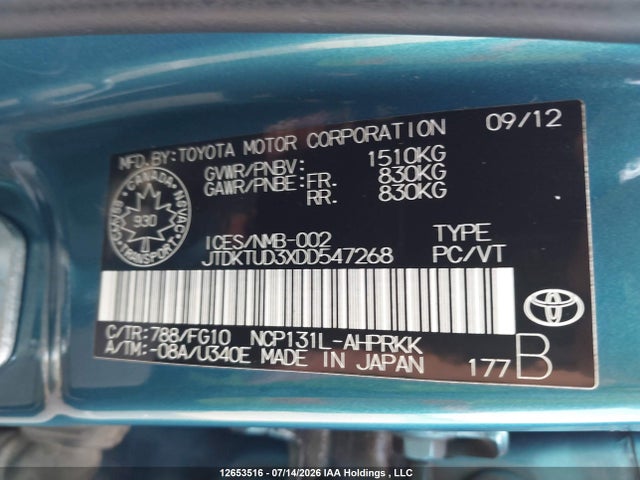 Продажа на аукционе авто 2013 Toyota Yaris Le, vin: JTDKTUD3XDD547268, номер лота: 12653516