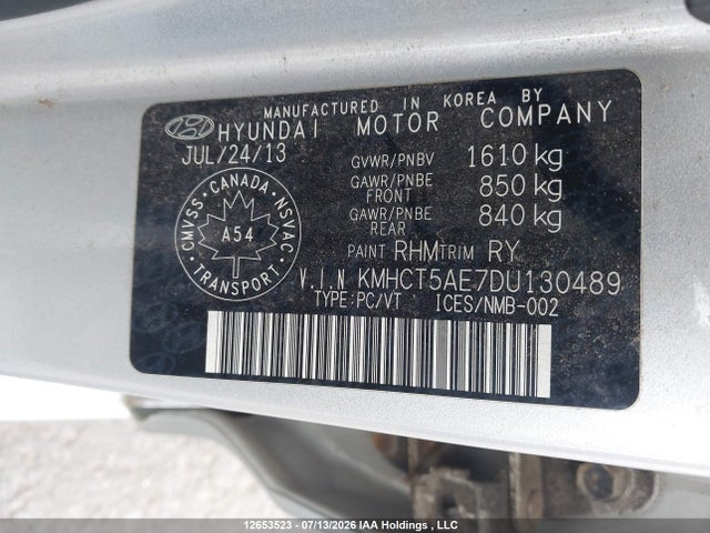 12653523 :رقم المزاد ، KMHCT5AE7DU130489 vin ، 2013 Hyundai Accent Gls/gs مزاد بيع