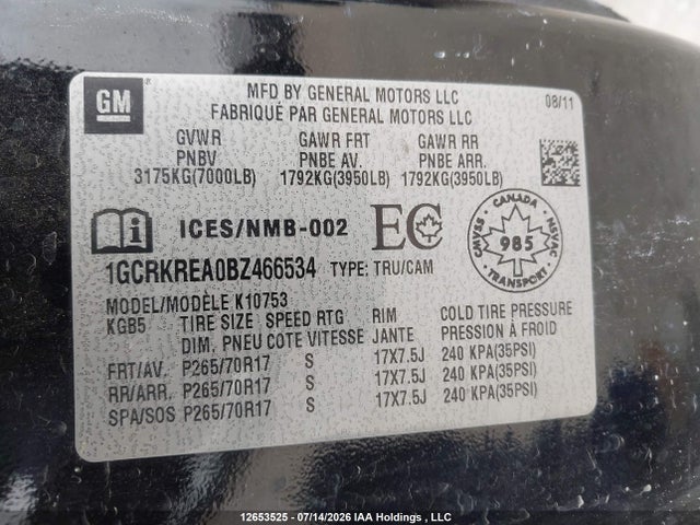 2011 Chevrolet Silverado 1500 Ls მანქანა იყიდება აუქციონზე, vin: 1GCRKREA0BZ466534, აუქციონის ნომერი: 12653525