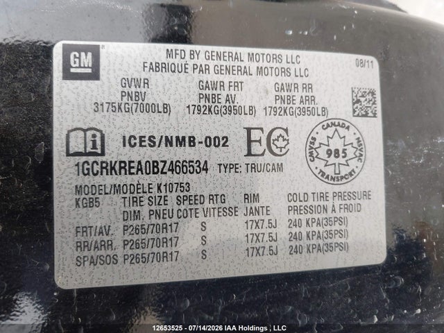 2011 Chevrolet Silverado 1500 Ls მანქანა იყიდება აუქციონზე, vin: 1GCRKREA0BZ466534, აუქციონის ნომერი: 12653525