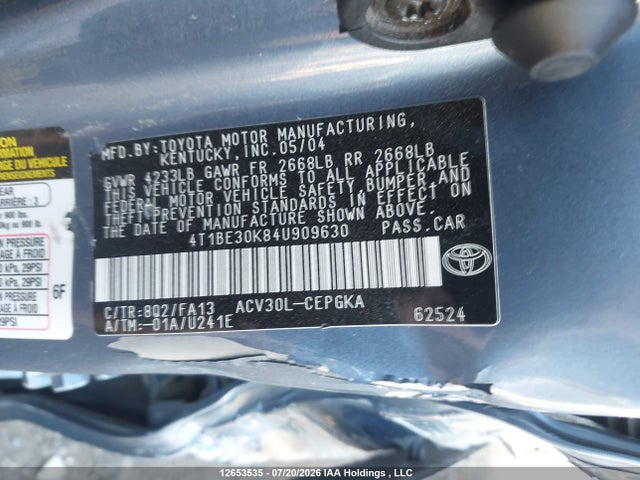 2004 Toyota Camry Xle მანქანა იყიდება აუქციონზე, vin: 4T1BE30K84U909630, აუქციონის ნომერი: 12653535