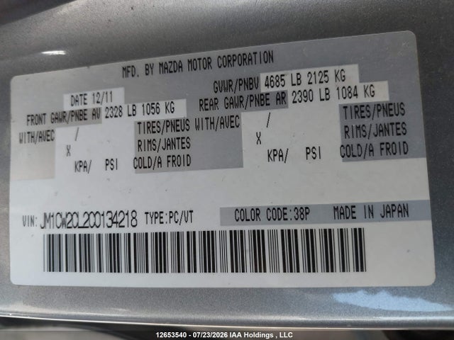 Aukcja sprzedaży 2012 Mazda 5, vin: JM1CW2CL2C0134218, numer aukcji: 12653540