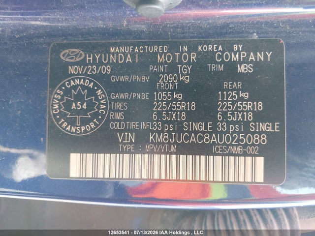 12653541 :رقم المزاد ، KM8JUCAC8AU025088 vin ، 2010 Hyundai Tucson مزاد بيع