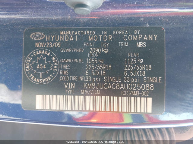 12653541 :رقم المزاد ، KM8JUCAC8AU025088 vin ، 2010 Hyundai Tucson مزاد بيع