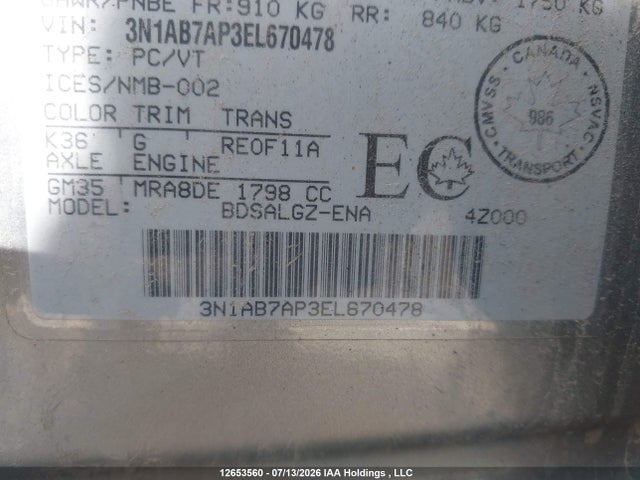 Nissan Sentra S/sv/sr/sl 2014 3N1AB7AP3EL670478 Image 9