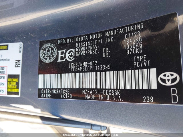 5YFB4MBE6PP143399 Toyota COROLLA SE