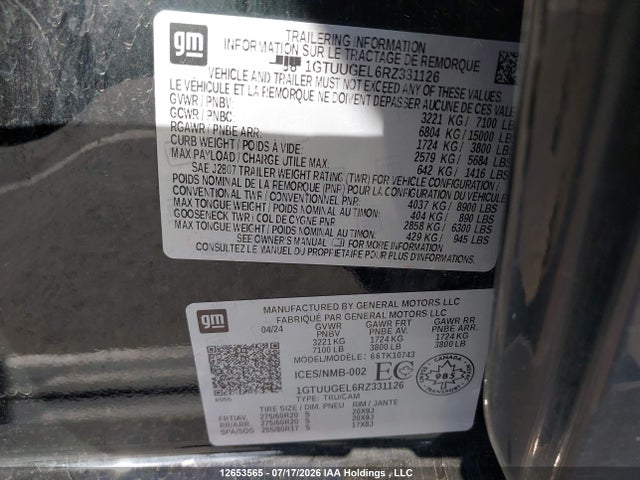 12653565 :رقم المزاد ، 1GTUUGEL6RZ331126 vin ، 2024 Gmc Sierra 1500 Denali مزاد بيع