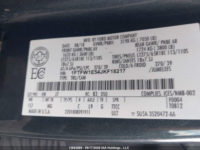 12653568 :رقم المزاد ، 1FTFW1E54JKF18217 vin ، 2018 Ford F150 Supercrew مزاد بيع