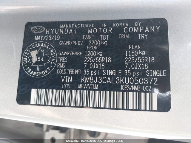 2019 Hyundai Tucson Preferred W/trend Package მანქანა იყიდება აუქციონზე, vin: KM8J3CAL3KU050372, აუქციონის ნომერი: 12653583