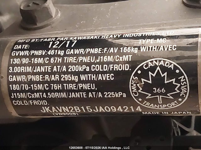 JKAVN2B15JA094214 Kawasaki Vn900 B