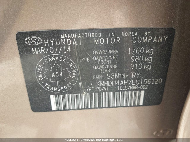 12653611 :رقم المزاد ، KMHDH4AH7EU156120 vin ، 2014 Hyundai Elantra Limited مزاد بيع
