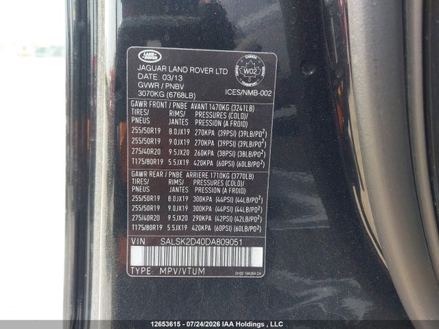 12653615 :رقم المزاد ، SALSK2D40DA809051 vin ، 2013 Land Rover Range Rover Sport مزاد بيع