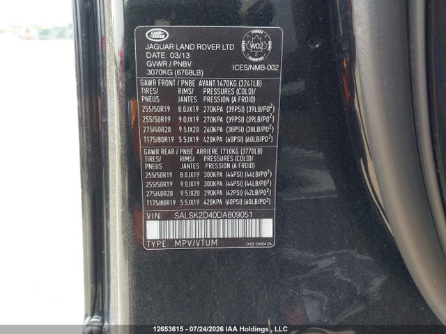 12653615 :رقم المزاد ، SALSK2D40DA809051 vin ، 2013 Land Rover Range Rover Sport مزاد بيع
