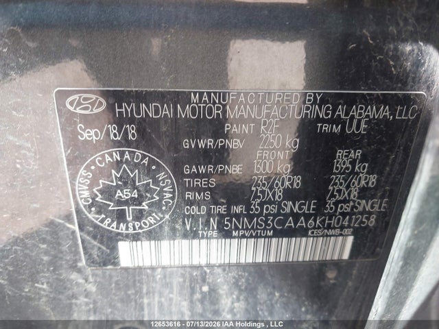 Продажа на аукционе авто 2019 Hyundai Santa Fe Luxury, vin: 5NMS3CAA6KH041258, номер лота: 12653616