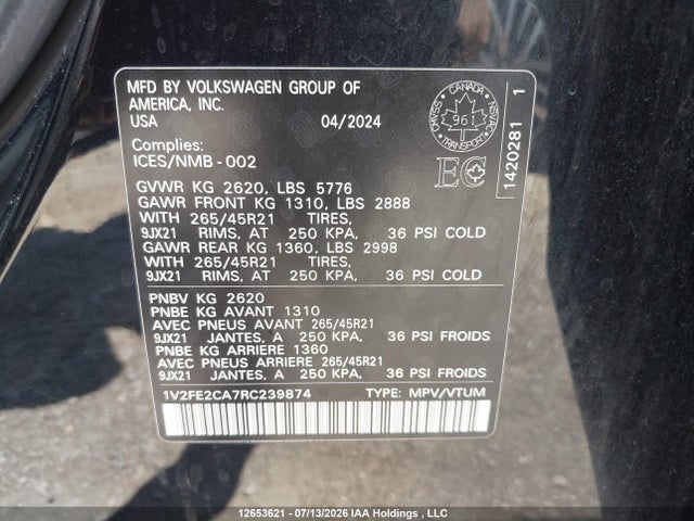 2024 Volkswagen Atlas Cross Sport მანქანა იყიდება აუქციონზე, vin: 1V2FE2CA7RC239874, აუქციონის ნომერი: 12653621