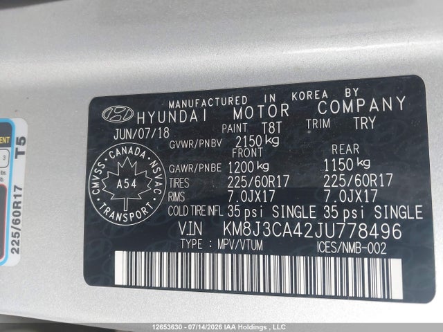 Продажа на аукционе авто 2018 Hyundai Tucson Premium 2.0l, vin: KM8J3CA42JU778496, номер лота: 12653630