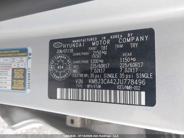 Продажа на аукционе авто 2018 Hyundai Tucson Premium 2.0l, vin: KM8J3CA42JU778496, номер лота: 12653630