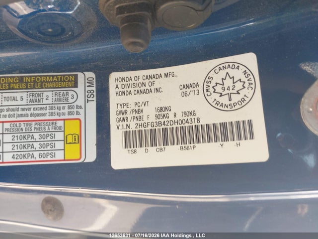 12653631 :رقم المزاد ، 2HGFG3B42DH004318 vin ، 2013 Honda Civic Lx مزاد بيع