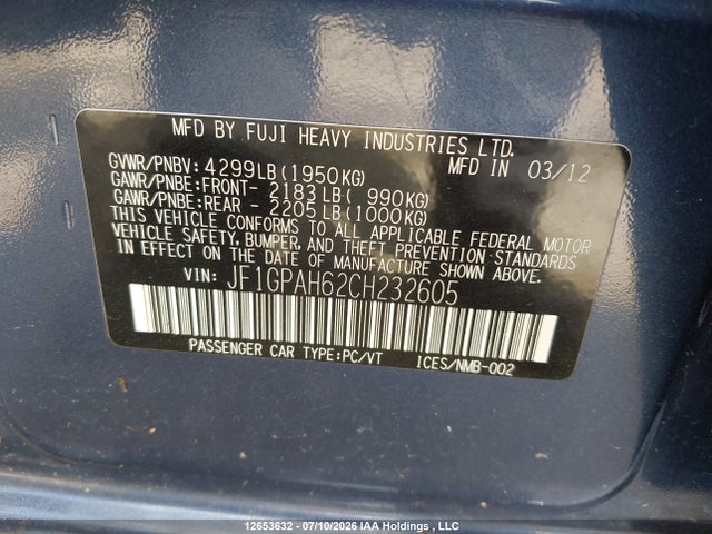 Продаж на аукціоні авто 2012 Subaru Impreza 2.0i Limited Package, vin: JF1GPAH62CH232605, номер лоту: 12653632