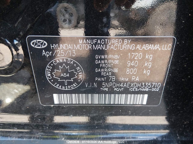 12653636 :رقم المزاد ، 5NPDH4AEXDH335710 vin ، 2013 Hyundai Elantra Gl مزاد بيع