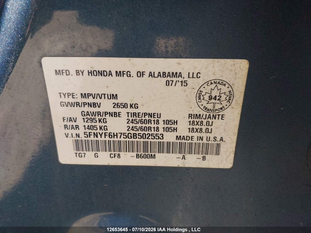2016 Honda Pilot Ex-l Navi მანქანა იყიდება აუქციონზე, vin: 5FNYF6H75GB502553, აუქციონის ნომერი: 12653645