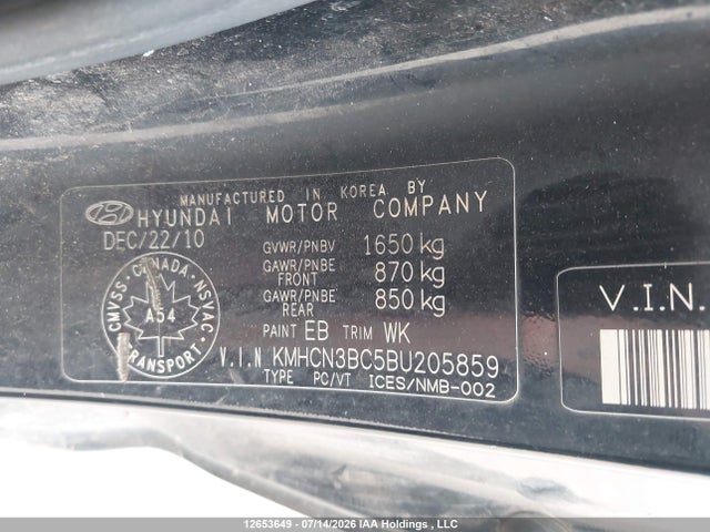 12653649 :رقم المزاد ، KMHCN3BC5BU205859 vin ، 2011 Hyundai Accent L Sport مزاد بيع