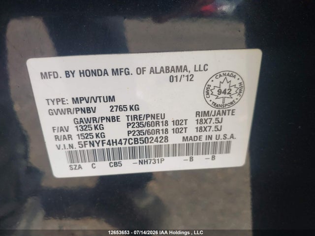 Продажа на аукционе авто 2012 Honda Pilot Ex, vin: 5FNYF4H47CB502428, номер лота: 12653653