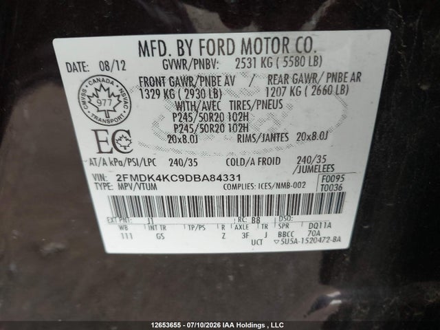 Продаж на аукціоні авто 2013 Ford Edge Limited, vin: 2FMDK4KC9DBA84331, номер лоту: 12653655