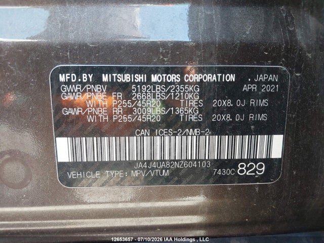 Aukcja sprzedaży 2022 Mitsubishi Outlander Le/le Premium/se/sel, vin: JA4J4UA82NZ604103, numer aukcji: 12653657
