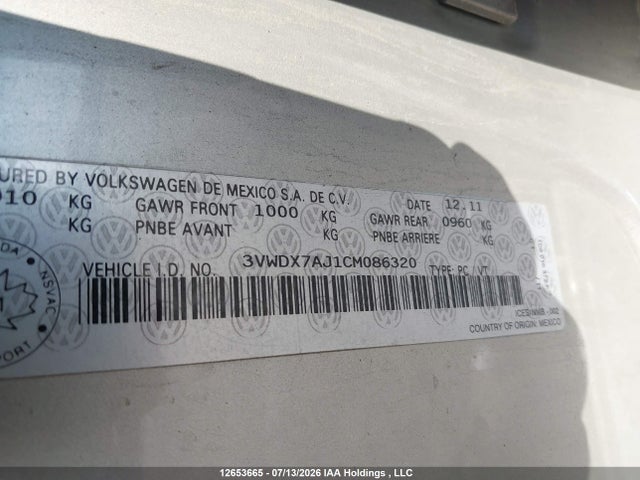 Продаж на аукціоні авто 2012 Volkswagen Jetta Se, vin: 3VWDX7AJ1CM086320, номер лоту: 12653665