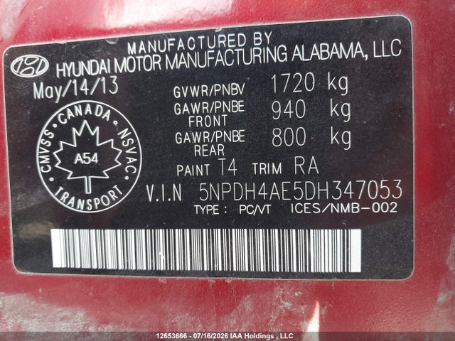 12653666 :رقم المزاد ، 5NPDH4AE5DH347053 vin ، 2013 Hyundai Elantra Gls/limited مزاد بيع