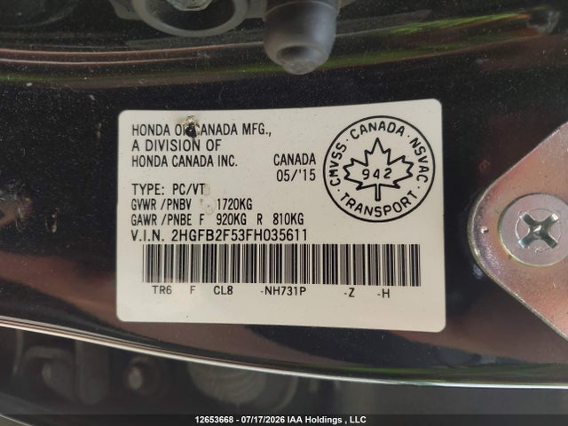 Honda Civic 2015 2HGFB2F53FH035611 Image 9