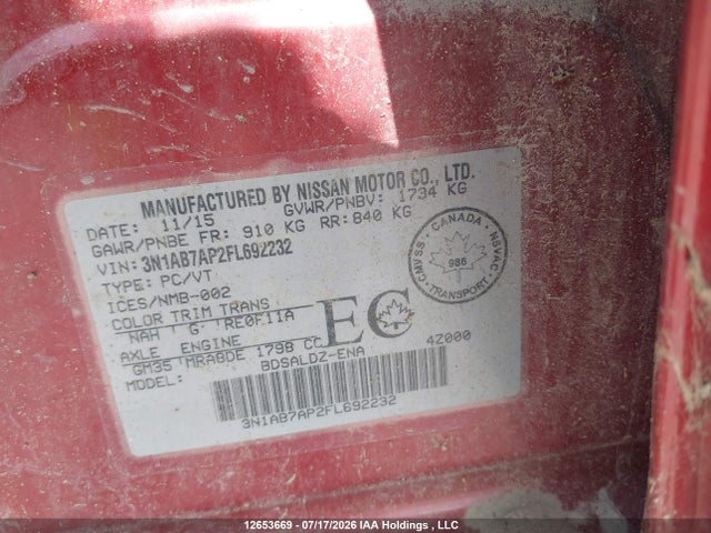 3N1AB7AP2FL692232 Nissan Sentra 1.8 S/1.8 Sl/1.8 Sr/1.8 Sv