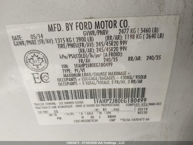 Ford Taurus Limited 2014 1FAHP2J80EG180499 Image 9