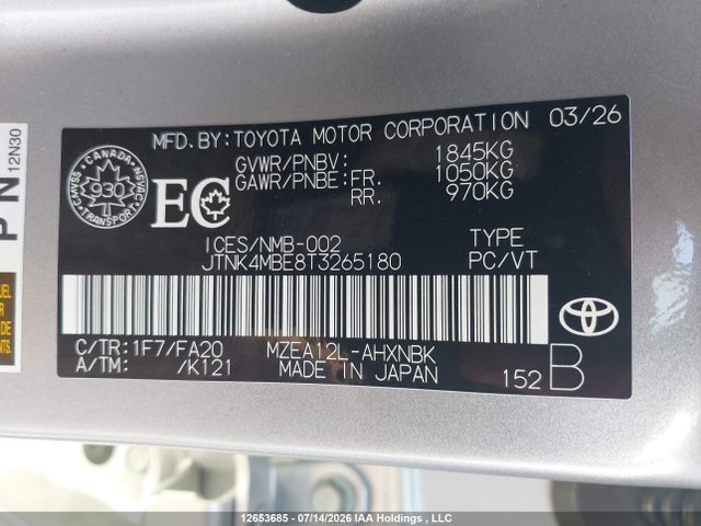 JTNK4MBE8T3265180 Toyota Corolla Cvt