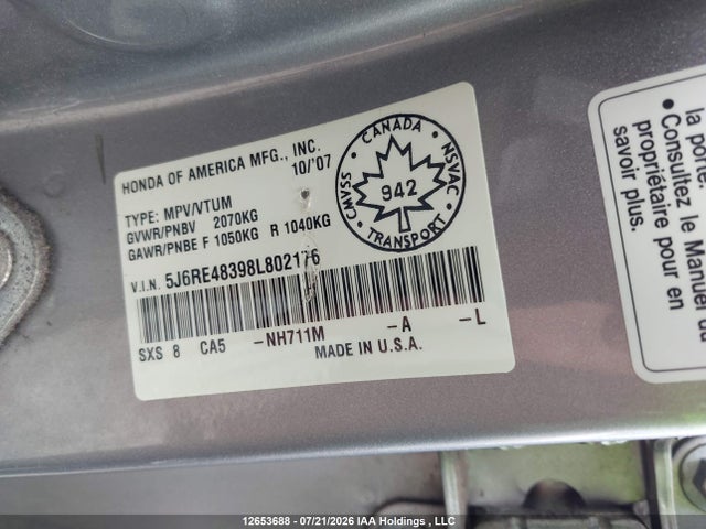 2008 Honda Cr-v Lx მანქანა იყიდება აუქციონზე, vin: 5J6RE48398L802176, აუქციონის ნომერი: 12653688