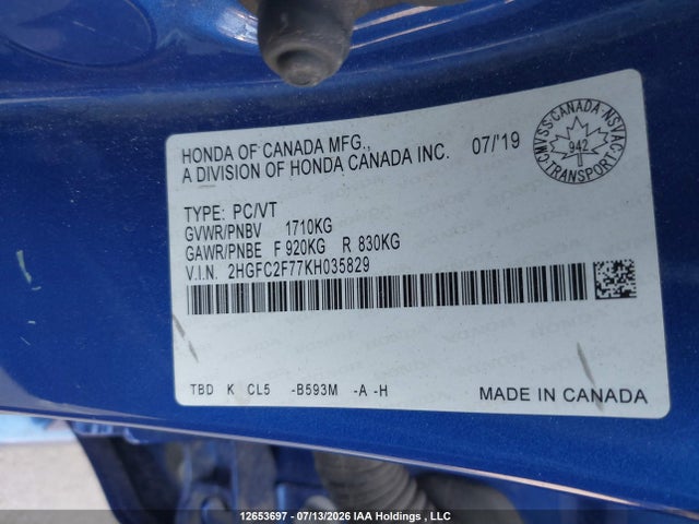 Honda CIVIC EX 2019 2HGFC2F77KH035829 Image 9