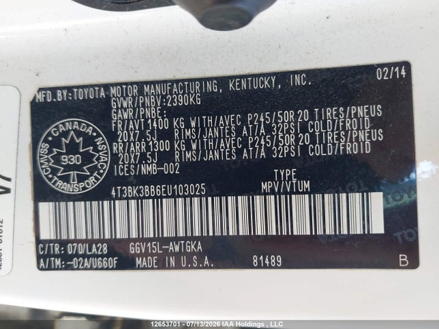 4T3BK3BB6EU103025 Toyota Venza Le/xle/limited