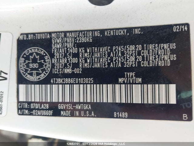 4T3BK3BB6EU103025 Toyota Venza Le/xle/limited