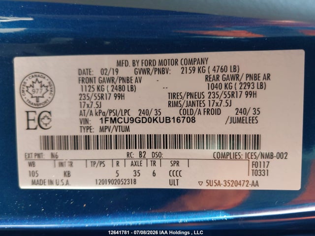 1FMCU9GD0KUB16708 Ford ESCAPE SE