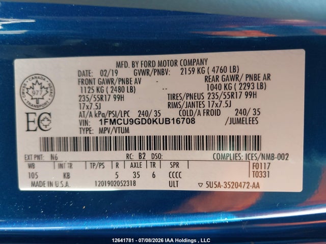 Ford ESCAPE SE 2019 1FMCU9GD0KUB16708 Image 9