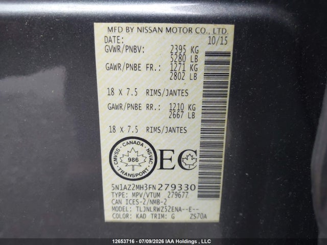 12653716 :رقم المزاد ، 5N1AZ2MH3FN279330 vin ، 2015 Nissan Murano Platinum/sl/sv مزاد بيع