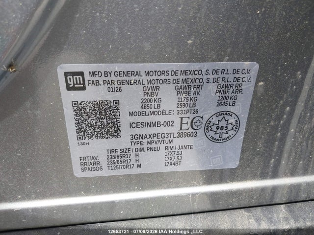 2026 Chevrolet Equinox Lt მანქანა იყიდება აუქციონზე, vin: 3GNAXPEG3TL389603, აუქციონის ნომერი: 12653721