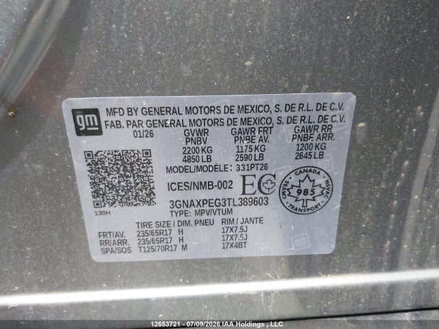Продажа на аукционе авто 2026 Chevrolet Equinox Lt, vin: 3GNAXPEG3TL389603, номер лота: 12653721